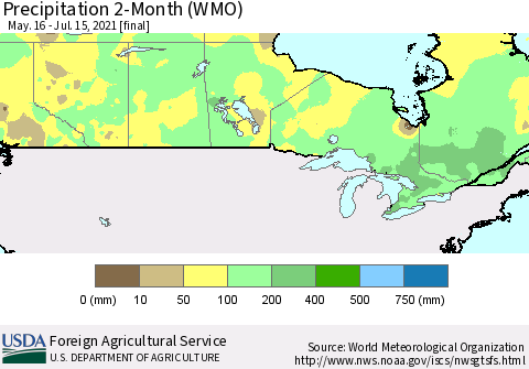 Canada Precipitation 2-Month (WMO) Thematic Map For 5/16/2021 - 7/15/2021