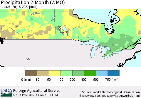 Canada Precipitation 2-Month (WMO) Thematic Map For 6/6/2021 - 8/5/2021