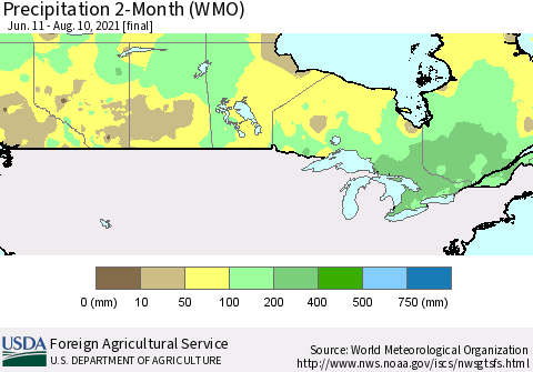 Canada Precipitation 2-Month (WMO) Thematic Map For 6/11/2021 - 8/10/2021