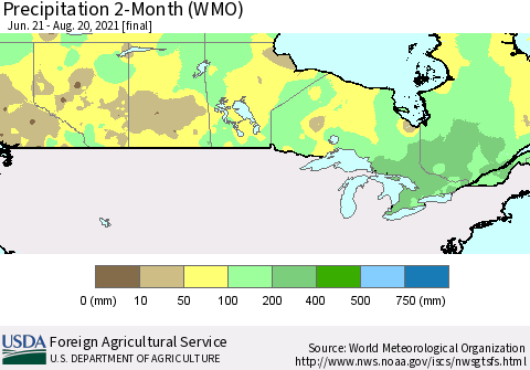 Canada Precipitation 2-Month (WMO) Thematic Map For 6/21/2021 - 8/20/2021