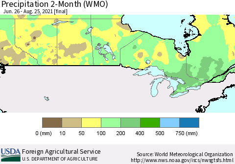 Canada Precipitation 2-Month (WMO) Thematic Map For 6/26/2021 - 8/25/2021