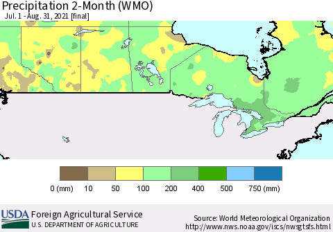 Canada Precipitation 2-Month (WMO) Thematic Map For 7/1/2021 - 8/31/2021