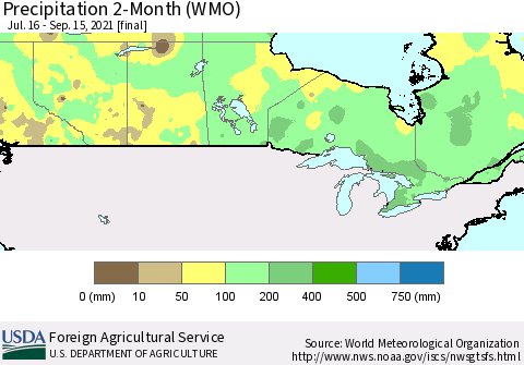 Canada Precipitation 2-Month (WMO) Thematic Map For 7/16/2021 - 9/15/2021
