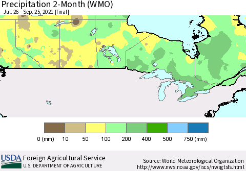 Canada Precipitation 2-Month (WMO) Thematic Map For 7/26/2021 - 9/25/2021
