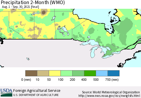 Canada Precipitation 2-Month (WMO) Thematic Map For 8/1/2021 - 9/30/2021