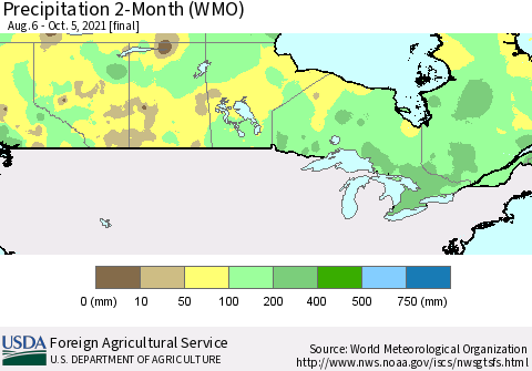 Canada Precipitation 2-Month (WMO) Thematic Map For 8/6/2021 - 10/5/2021