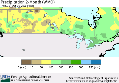 Canada Precipitation 2-Month (WMO) Thematic Map For 8/11/2021 - 10/10/2021