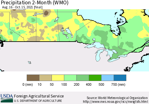 Canada Precipitation 2-Month (WMO) Thematic Map For 8/16/2021 - 10/15/2021