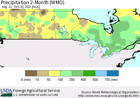 Canada Precipitation 2-Month (WMO) Thematic Map For 8/21/2021 - 10/20/2021