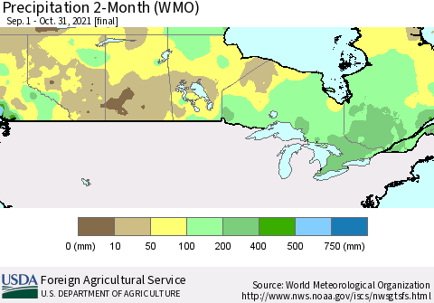 Canada Precipitation 2-Month (WMO) Thematic Map For 9/1/2021 - 10/31/2021
