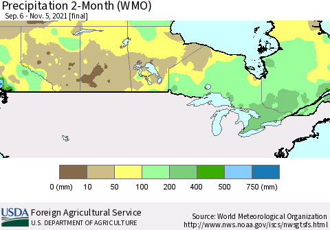 Canada Precipitation 2-Month (WMO) Thematic Map For 9/6/2021 - 11/5/2021