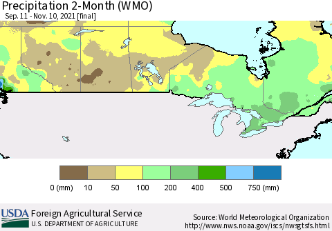 Canada Precipitation 2-Month (WMO) Thematic Map For 9/11/2021 - 11/10/2021