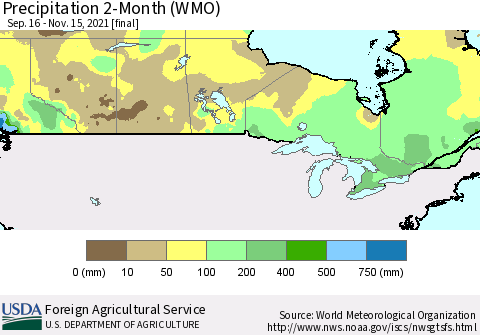 Canada Precipitation 2-Month (WMO) Thematic Map For 9/16/2021 - 11/15/2021
