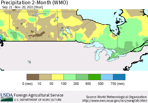 Canada Precipitation 2-Month (WMO) Thematic Map For 9/21/2021 - 11/20/2021