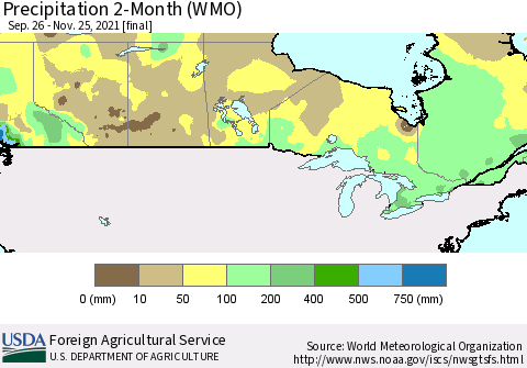 Canada Precipitation 2-Month (WMO) Thematic Map For 9/26/2021 - 11/25/2021