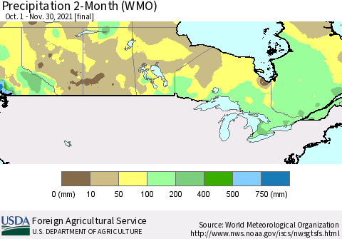 Canada Precipitation 2-Month (WMO) Thematic Map For 10/1/2021 - 11/30/2021