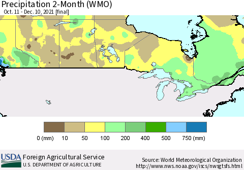 Canada Precipitation 2-Month (WMO) Thematic Map For 10/11/2021 - 12/10/2021