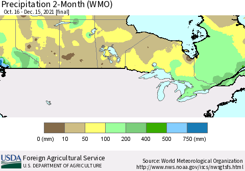 Canada Precipitation 2-Month (WMO) Thematic Map For 10/16/2021 - 12/15/2021