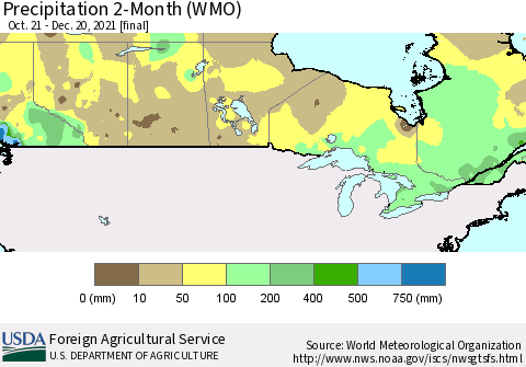 Canada Precipitation 2-Month (WMO) Thematic Map For 10/21/2021 - 12/20/2021
