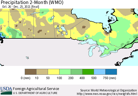 Canada Precipitation 2-Month (WMO) Thematic Map For 10/26/2021 - 12/25/2021