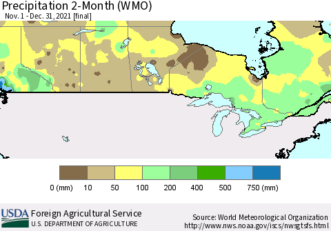 Canada Precipitation 2-Month (WMO) Thematic Map For 11/1/2021 - 12/31/2021