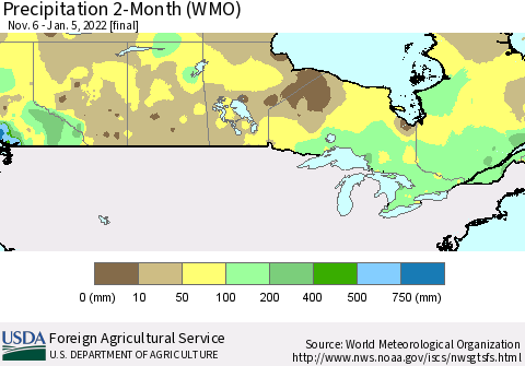 Canada Precipitation 2-Month (WMO) Thematic Map For 11/6/2021 - 1/5/2022