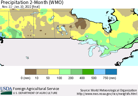 Canada Precipitation 2-Month (WMO) Thematic Map For 11/11/2021 - 1/10/2022