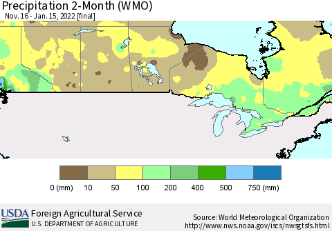 Canada Precipitation 2-Month (WMO) Thematic Map For 11/16/2021 - 1/15/2022