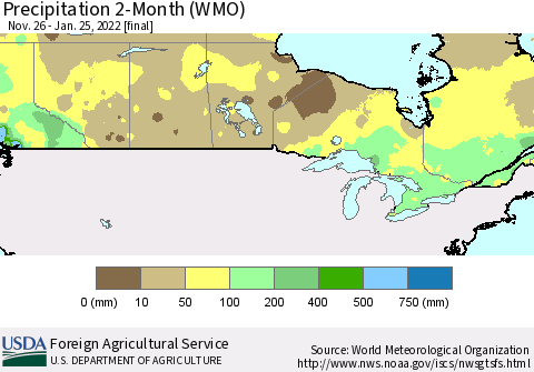 Canada Precipitation 2-Month (WMO) Thematic Map For 11/26/2021 - 1/25/2022