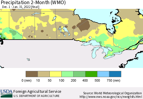 Canada Precipitation 2-Month (WMO) Thematic Map For 12/1/2021 - 1/31/2022