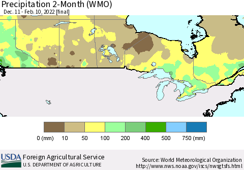 Canada Precipitation 2-Month (WMO) Thematic Map For 12/11/2021 - 2/10/2022