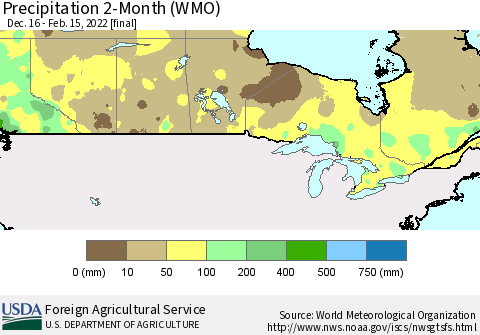 Canada Precipitation 2-Month (WMO) Thematic Map For 12/16/2021 - 2/15/2022
