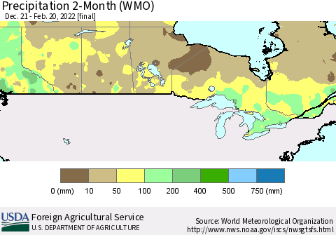Canada Precipitation 2-Month (WMO) Thematic Map For 12/21/2021 - 2/20/2022