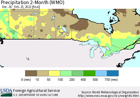 Canada Precipitation 2-Month (WMO) Thematic Map For 12/26/2021 - 2/25/2022