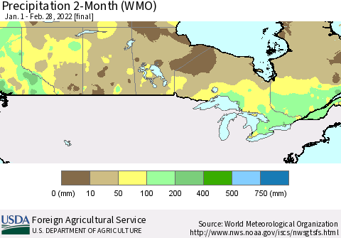 Canada Precipitation 2-Month (WMO) Thematic Map For 1/1/2022 - 2/28/2022