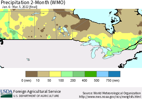 Canada Precipitation 2-Month (WMO) Thematic Map For 1/6/2022 - 3/5/2022
