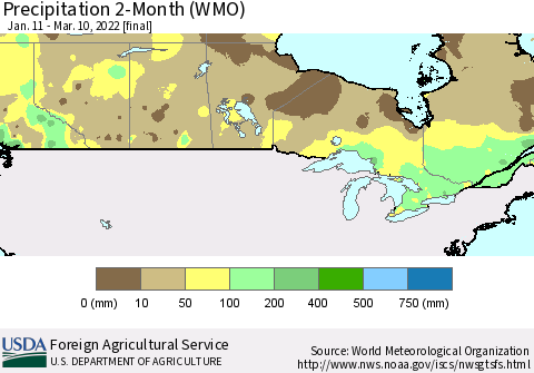 Canada Precipitation 2-Month (WMO) Thematic Map For 1/11/2022 - 3/10/2022