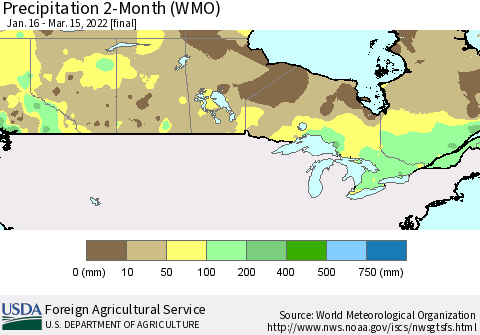 Canada Precipitation 2-Month (WMO) Thematic Map For 1/16/2022 - 3/15/2022