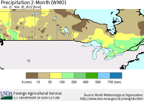 Canada Precipitation 2-Month (WMO) Thematic Map For 1/21/2022 - 3/20/2022