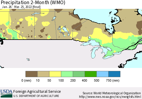 Canada Precipitation 2-Month (WMO) Thematic Map For 1/26/2022 - 3/25/2022