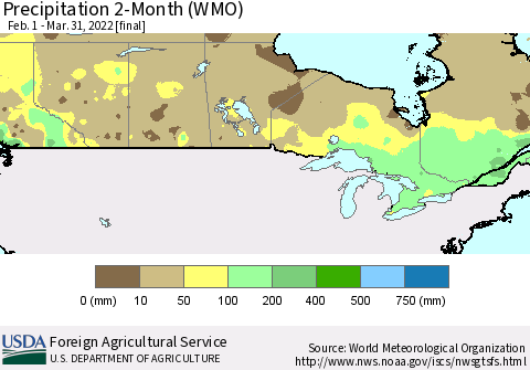 Canada Precipitation 2-Month (WMO) Thematic Map For 2/1/2022 - 3/31/2022