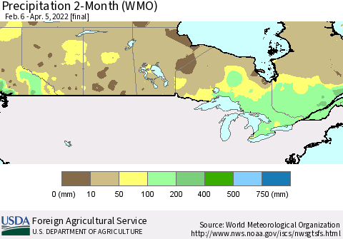 Canada Precipitation 2-Month (WMO) Thematic Map For 2/6/2022 - 4/5/2022