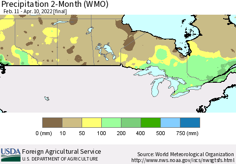 Canada Precipitation 2-Month (WMO) Thematic Map For 2/11/2022 - 4/10/2022