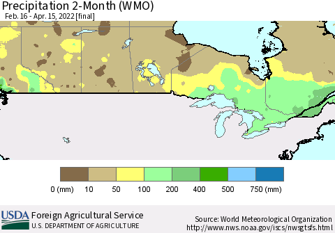 Canada Precipitation 2-Month (WMO) Thematic Map For 2/16/2022 - 4/15/2022