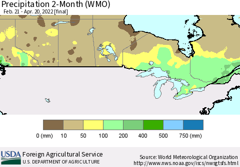 Canada Precipitation 2-Month (WMO) Thematic Map For 2/21/2022 - 4/20/2022