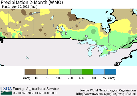 Canada Precipitation 2-Month (WMO) Thematic Map For 3/1/2022 - 4/30/2022