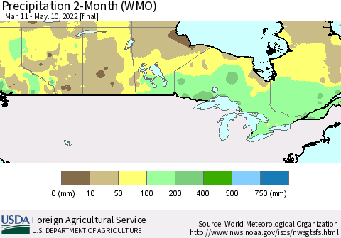 Canada Precipitation 2-Month (WMO) Thematic Map For 3/11/2022 - 5/10/2022