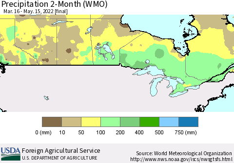 Canada Precipitation 2-Month (WMO) Thematic Map For 3/16/2022 - 5/15/2022