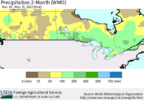 Canada Precipitation 2-Month (WMO) Thematic Map For 3/26/2022 - 5/25/2022