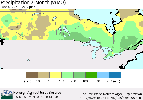 Canada Precipitation 2-Month (WMO) Thematic Map For 4/6/2022 - 6/5/2022